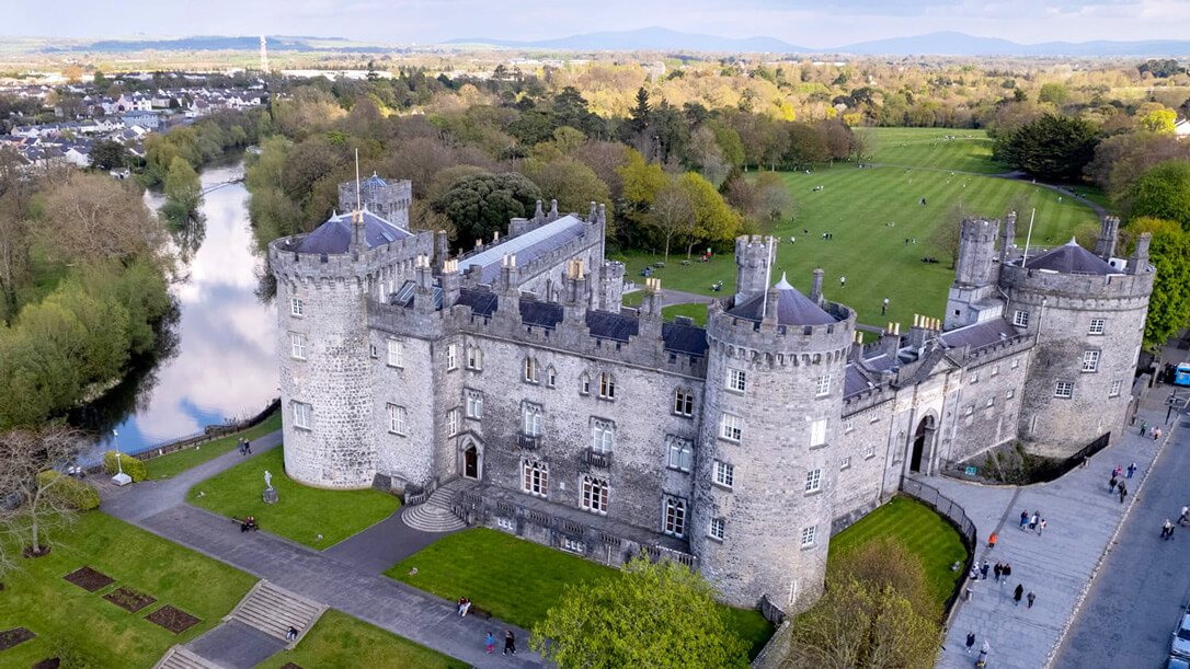 Aerial shot of Kilkenny Castle in Ireland