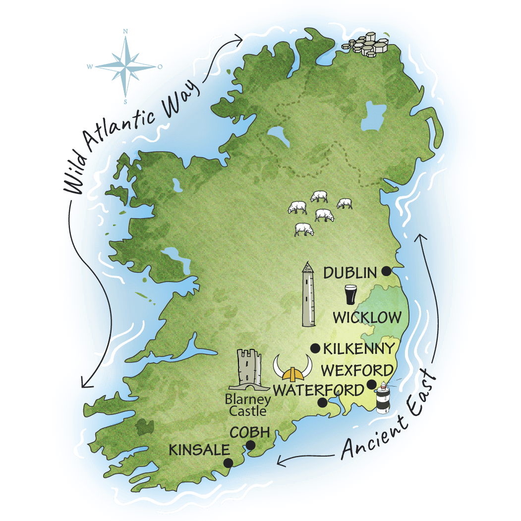 Ireland map showing tour route of Driftwood Southern 6 Day Itinerary